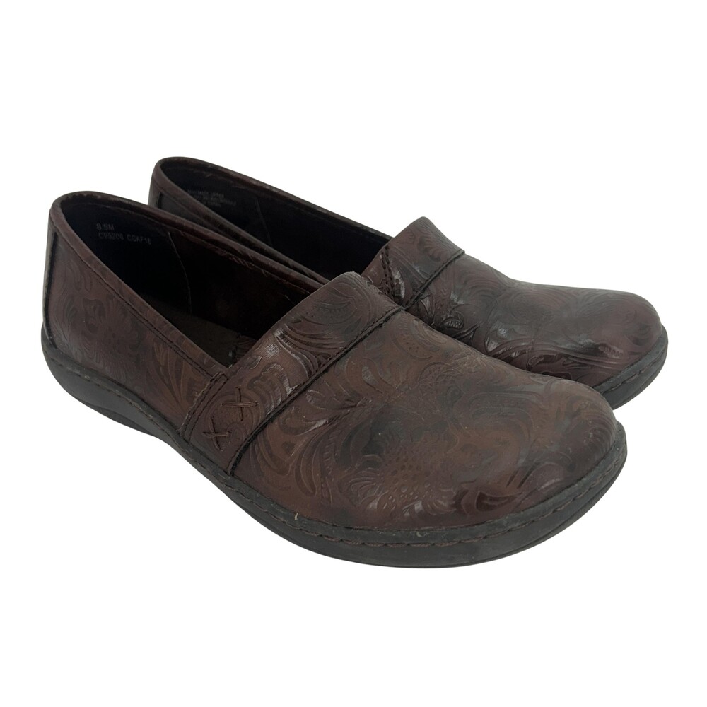 B.o.c Shoes Womens Size 8.5 Brown Floral Embossed Clog Slip On Comfort Casual